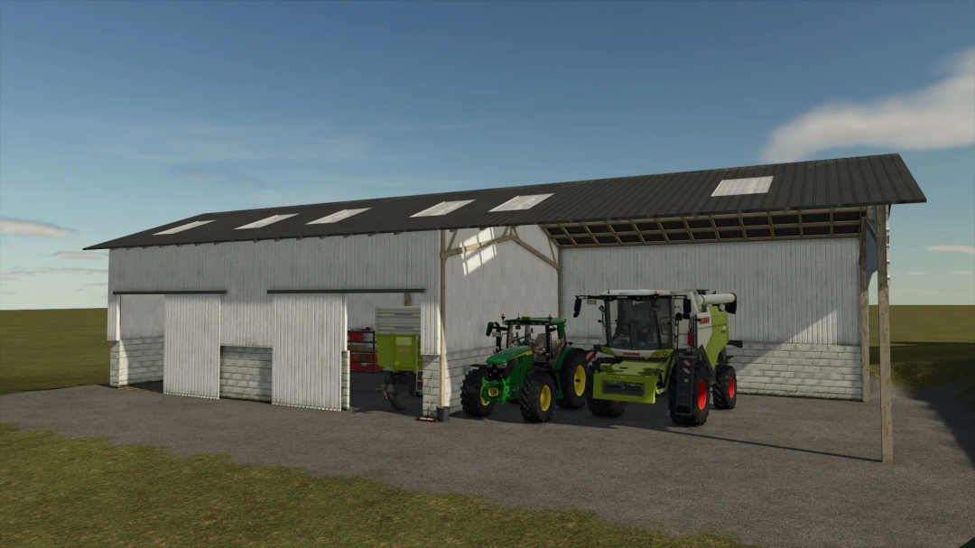 FS25 mod Open Building v1.0.0.0 with tractors and equipment inside a barn on a clear day.