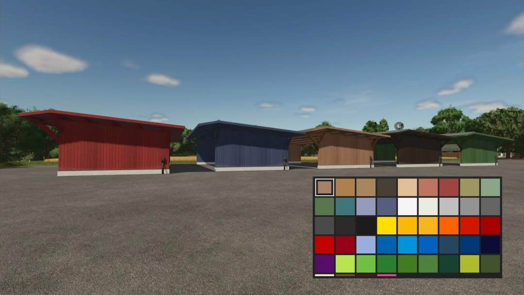 FS25 mods Open Sheds v1.0.0.0 with customizable colors in Farming Simulator 25.