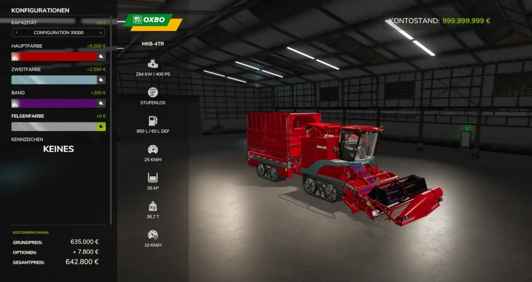 Oxbo Pack mod in Farming Simulator 25 showcasing a red MKB-4TR harvester in a customization menu.