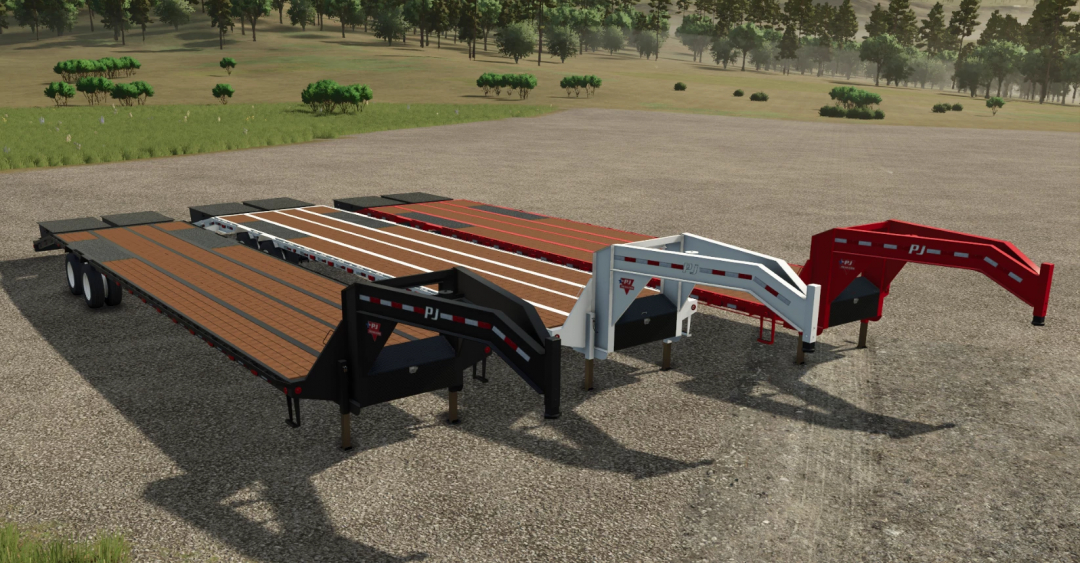 FS25 mod PJ 40FT FlatDeck Trailer v1.1.0.0 with multiple color options displayed on gravel surface.