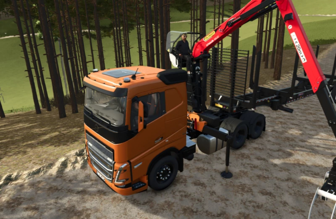 FS25 mod Pinzgau v1.0.0.0 showing an orange logging truck with a red crane in a forest area.