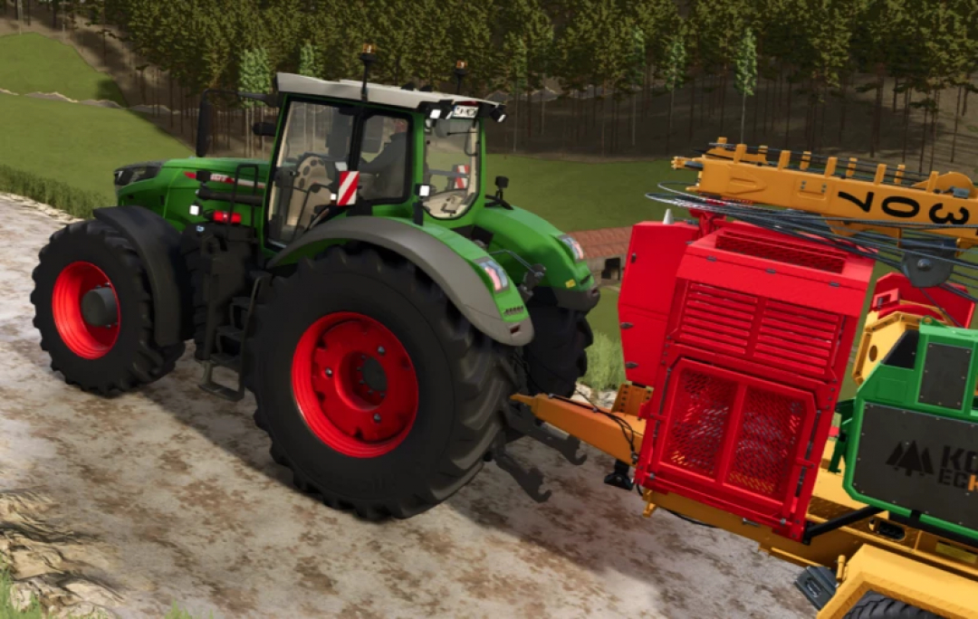 A green tractor towing machinery on a dirt path in the Pinzgau mod for FS25. Trees line the background. Farming Simulator 25 mods.