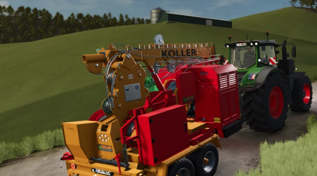 FS25 mod Pinzgau v1.0.0.0 shows a tractor towing a Koller machine on a rural road in Farming Simulator 25.