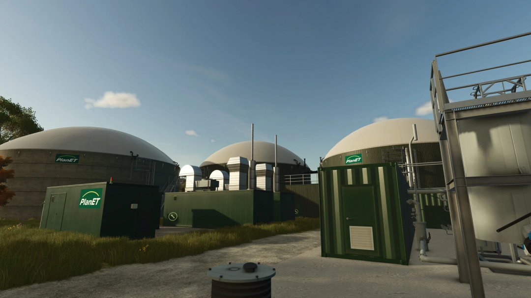 FS25 mod PlanET Modular BGA v1.0.0.0 showing biogas facility with green containers and domed tanks.