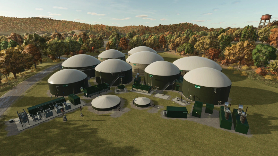 FS25 mod PlanET Modular BGA v1.0.0.0 showcasing bio-gas plant with multiple dome structures in a forest landscape.