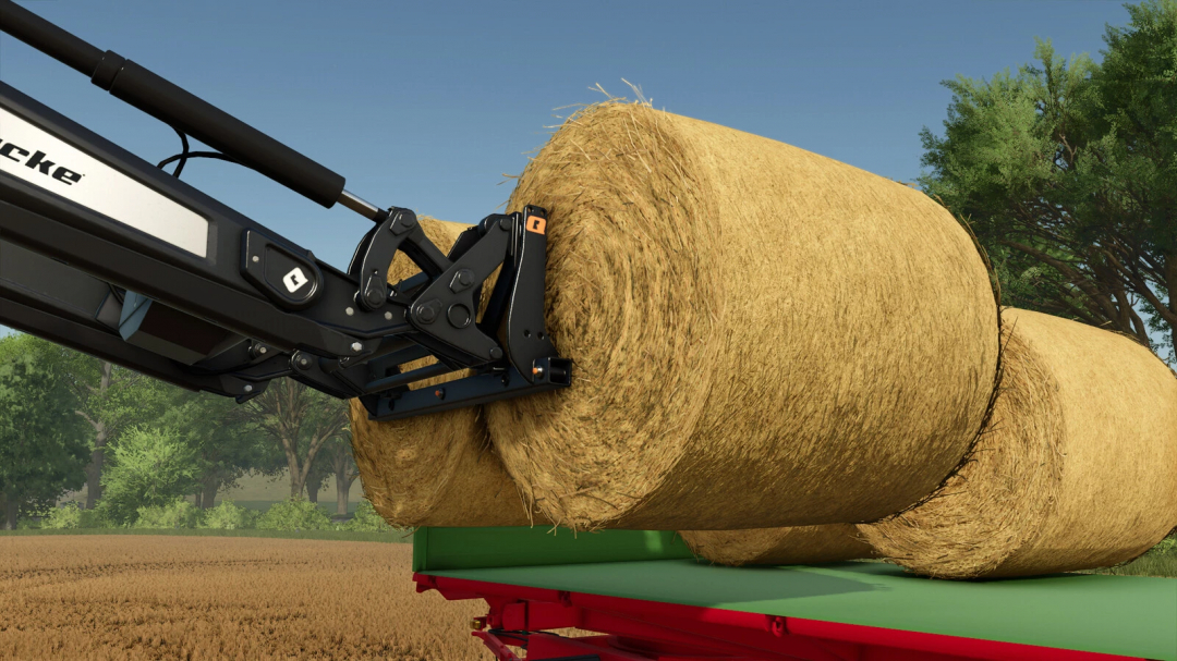 Quicke M140 v1.0.0.0 mod lifting hay bales in FS25, showing detailed loader mechanics in Farming Simulator 25.