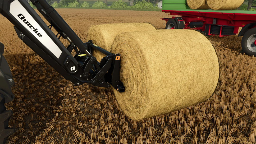 FS25 mod Quicke M140 lifting hay bale in Farming Simulator 25.