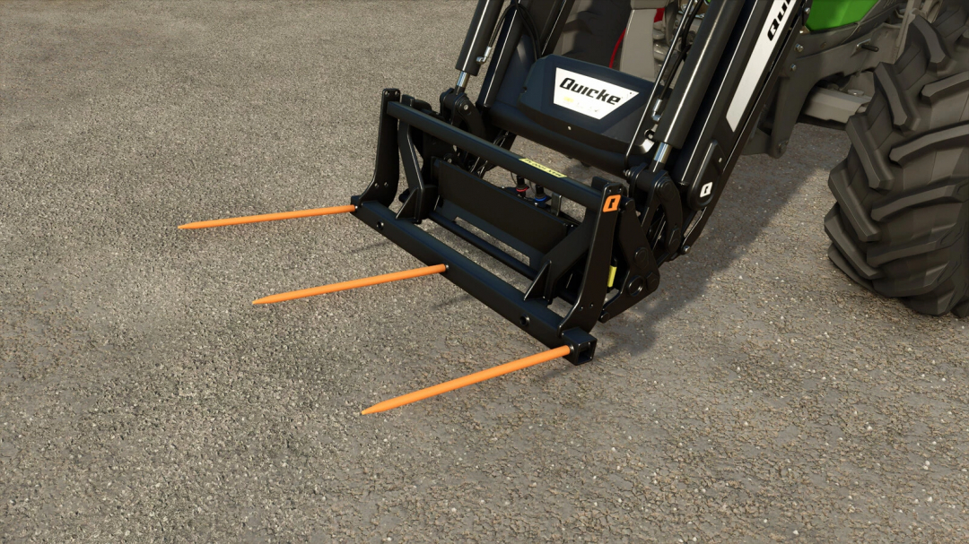 Quicke M140 FS25 mod showcasing a front loader attachment with prongs in Farming Simulator 25.