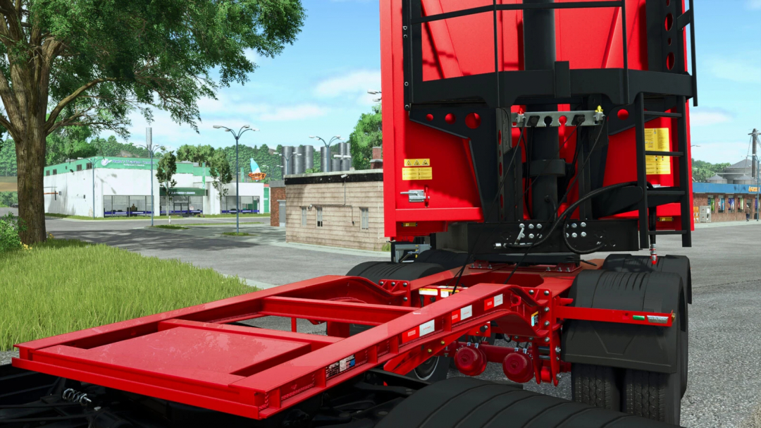 Randon Dolly v1.0.0.0 mod in FS25, featuring a detailed view of a red trailer dolly in a farming area.