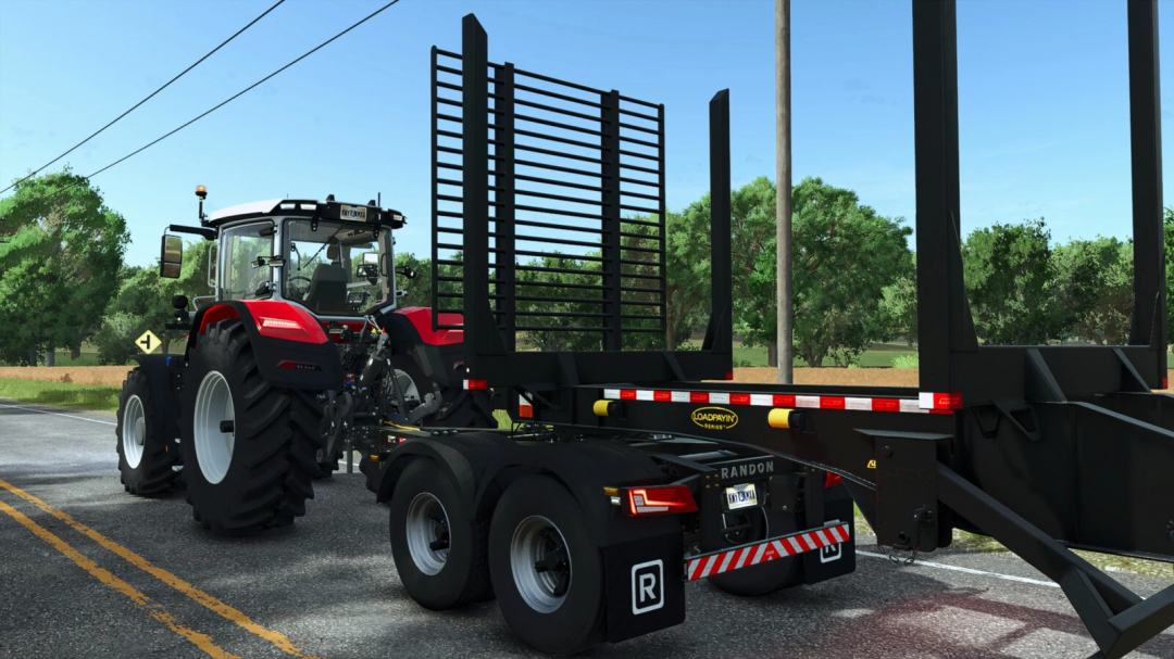 FS25 mod Randon Dolly v1.0.0.0 trailer hitched to tractor on rural road in Farming Simulator 25.