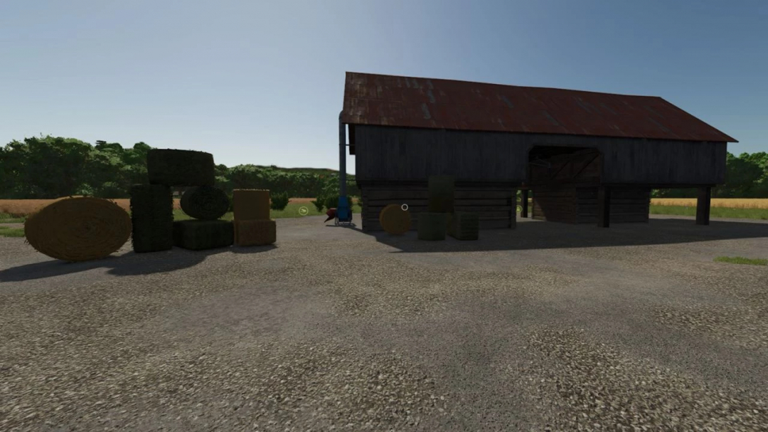 FS25 Real Feed Pack v2.0.0.2 mod showing various hay bales and a barn.