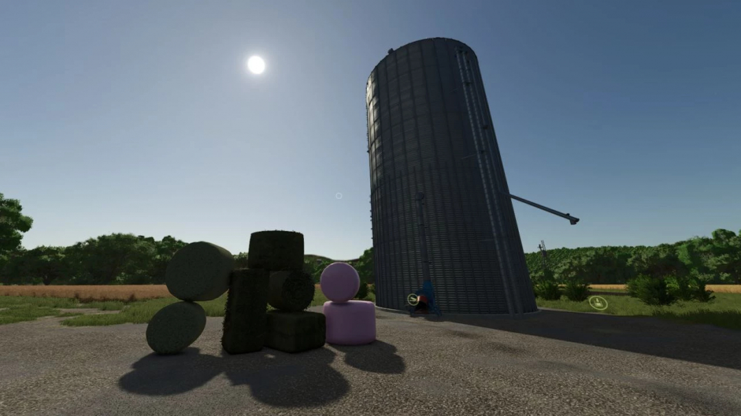 FS25 Real Feed Pack mod showing hay bales and a silo under a bright sky.