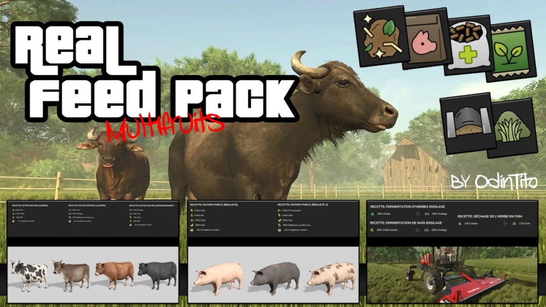 Real Feed Pack v2.0.0.2 mod for Farming Simulator 25 featuring realistic animal feed options with cow and pig illustrations.