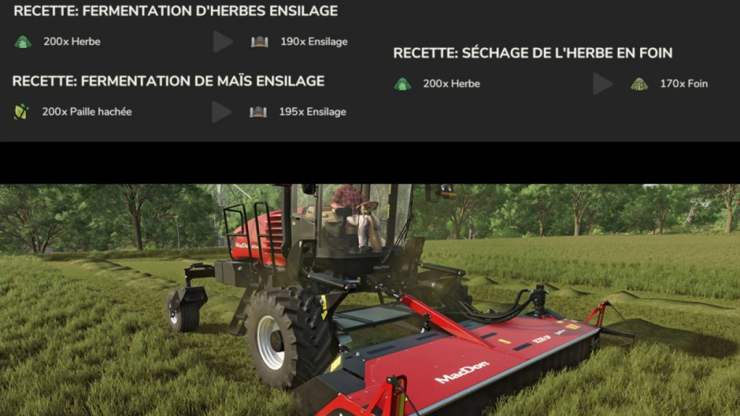 FS25 Real Feed Pack v2.1.0.0 mod displays recipes for grass and maize silage with a tractor mowing a field.