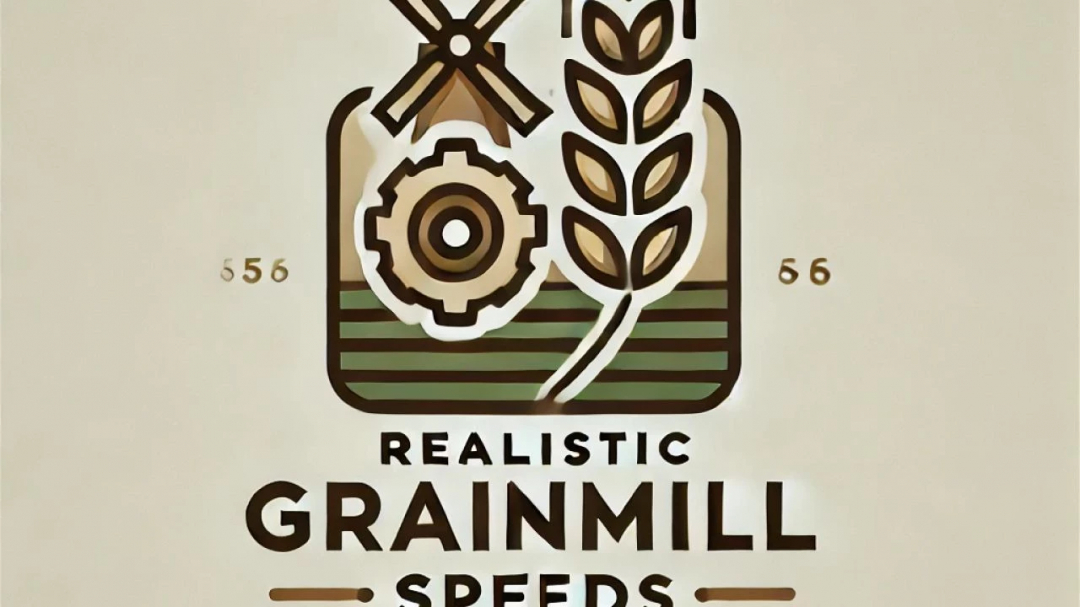 Logo of Realistic GrainMill Processing Speeds mod for Farming Simulator 25 featuring a gear, windmill, and wheat graphic.