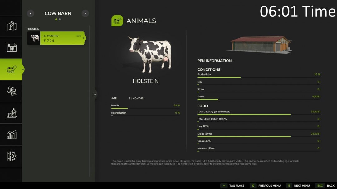 FS25 mod Realistic Milking Times v1.0.0.0 showing cow barn details with Holstein cows health and food stats.