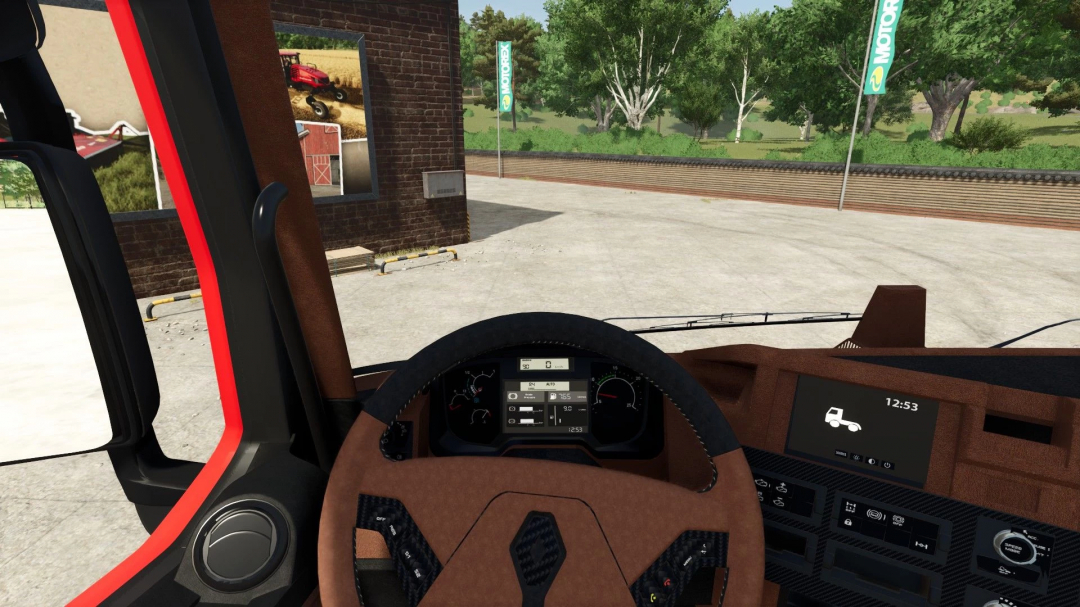 Interior view of Renault Trucks T mod in Farming Simulator 25, showing dashboard and steering wheel.