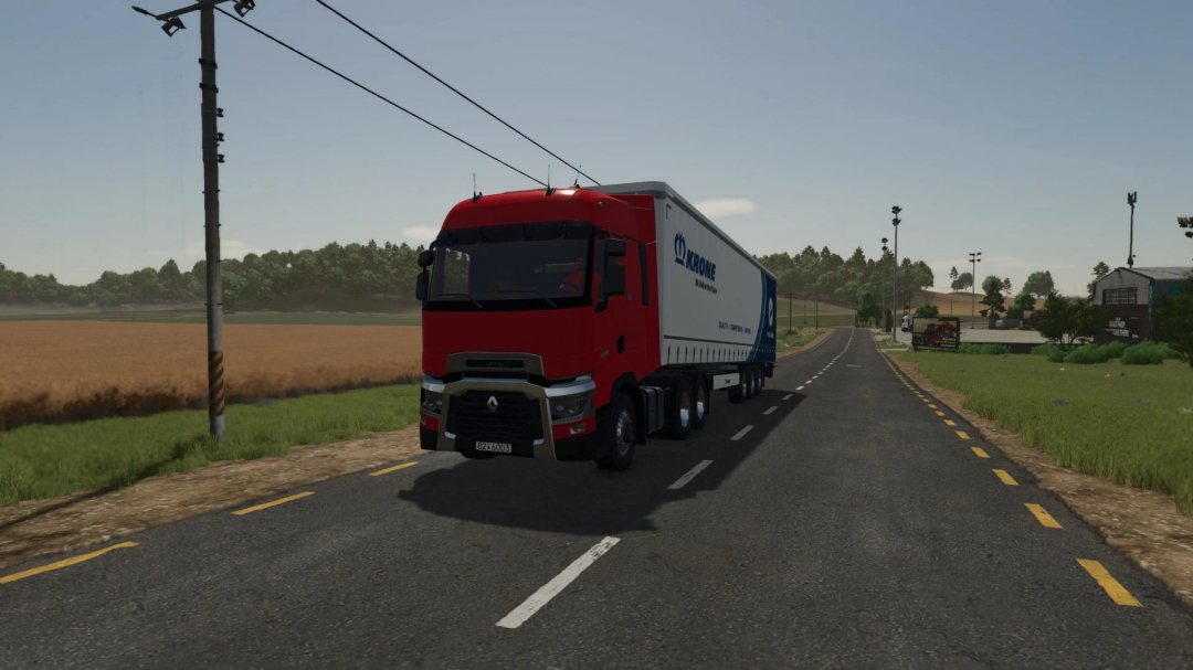 Renault Trucks T mod for Farming Simulator 25 on a rural road. FS25 mods enhance gameplay with realistic vehicles.