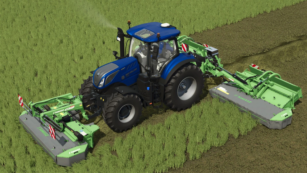 A blue tractor with SAMASZ KDD 941 STH Special v2.0.0.0 mod in FS25, cutting grass in a field.