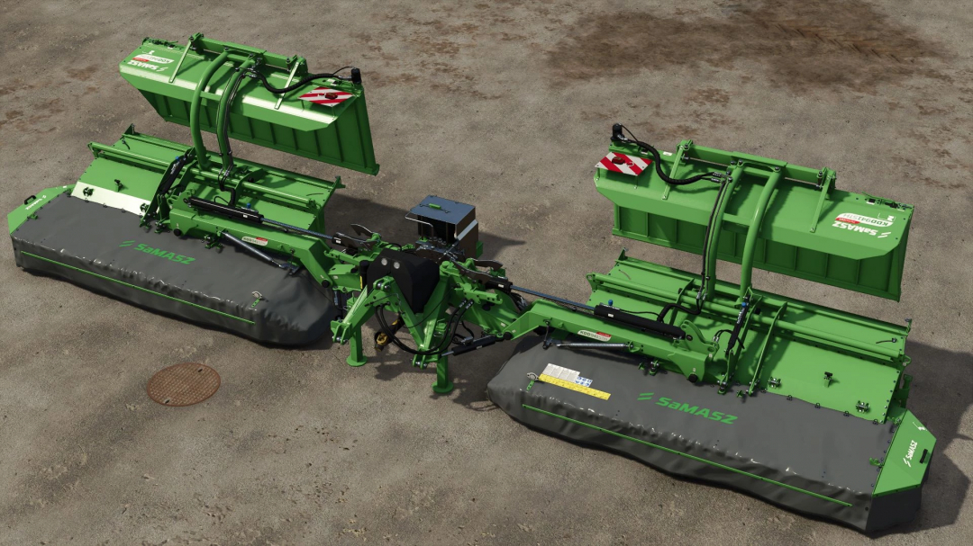 SAMASZ KDD 941 STH Special v2.0.0.0 mod for FS25 features dual green mowers on asphalt.