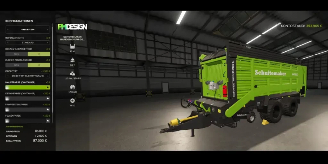 Schuitemaker Rapide 580V Individual mod in FS25 showing customization menu and green trailer design.