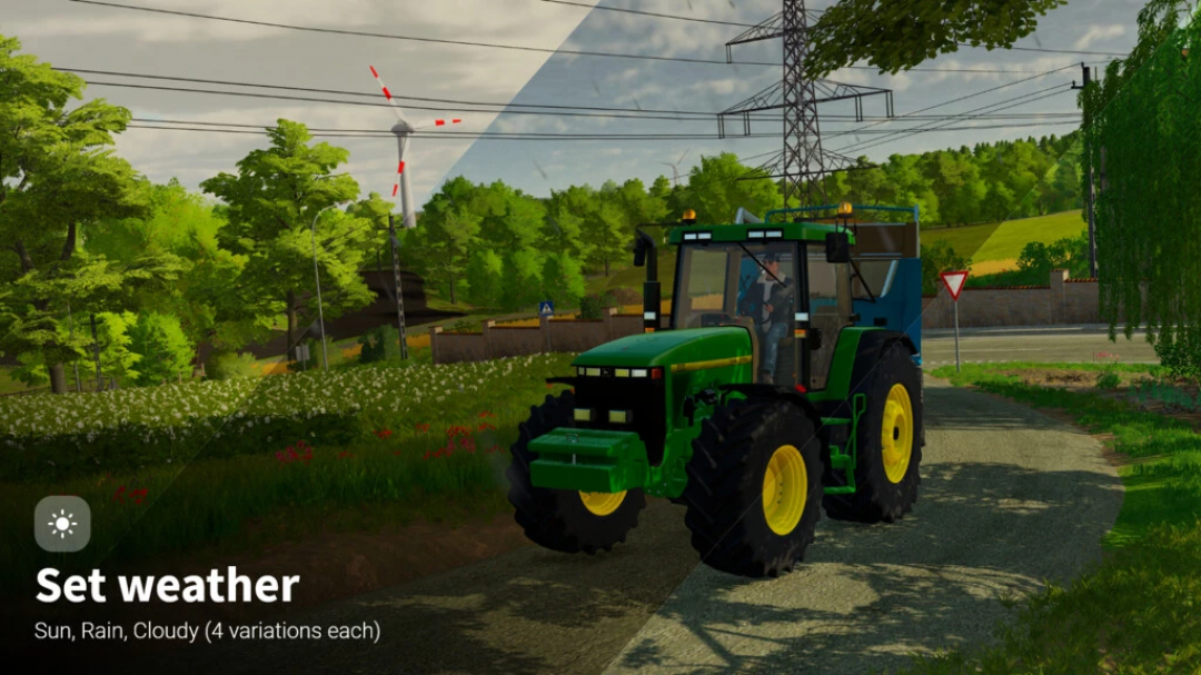 FS22 Screenshot Mode mod showcasing a tractor on a scenic farm road with weather options: sun, rain, cloudy.