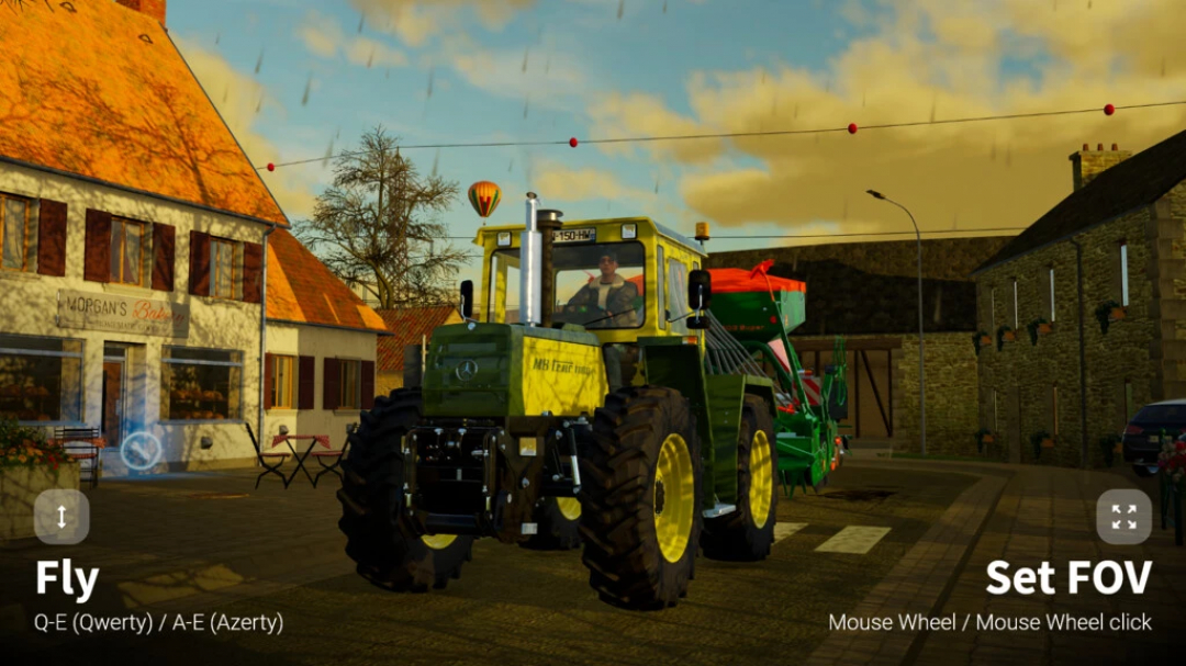 FS22 mod Screenshot Mode v2.0.0.0 featuring a tractor in a village with fly and FOV settings displayed.