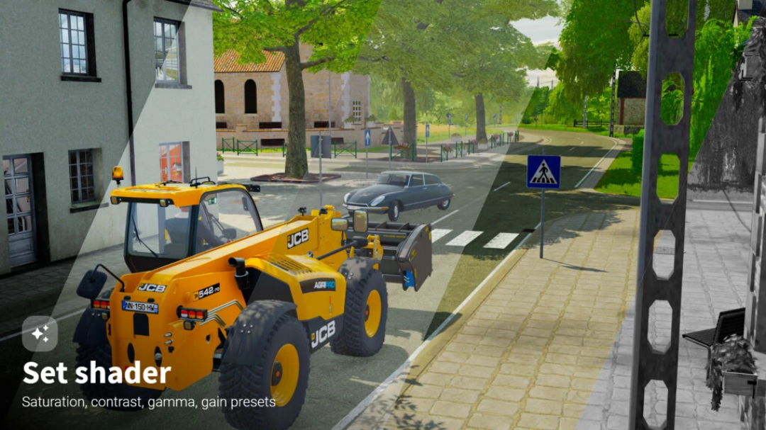 FS22 mod Screenshot Mode v2.0.0.0: JCB loader on a street with shader settings overlay for saturation, contrast, gamma in Farming Simulator 22.