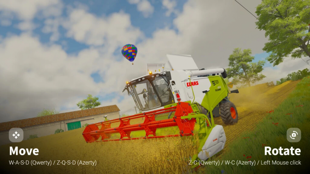 FS22 mods Screenshot Mode v2.0.0.0 showing a Claas Tucano harvester in a sunny field with a hot air balloon in the sky.