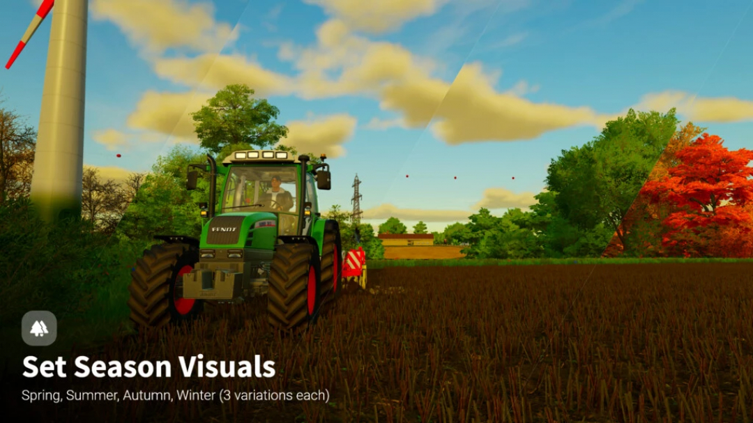 FS22 mod Screenshot Mode v2.0.0.0 showing a tractor in a field with vibrant seasonal visuals.