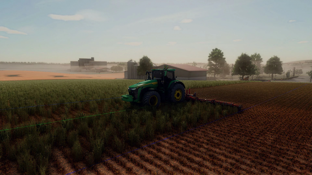 FS25 mod Shader ASPX 2 v1.0.0.0 showcasing a tractor working on a field at sunrise with enhanced graphics.