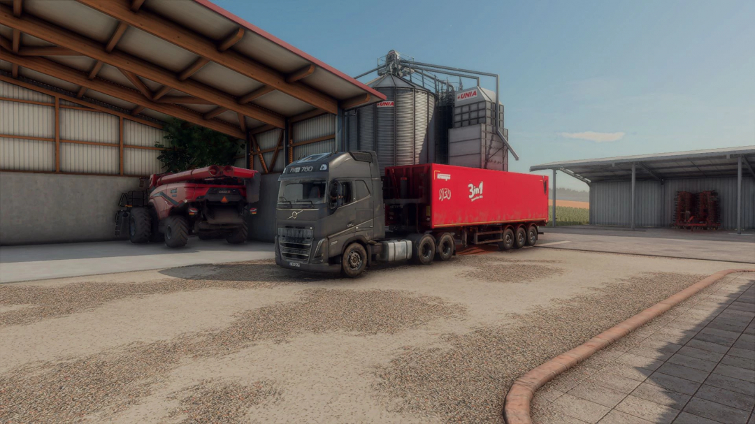 FS25 mod Shader ASPX 2 v1.0.0.0 showcasing a truck and trailer in a farm setting.