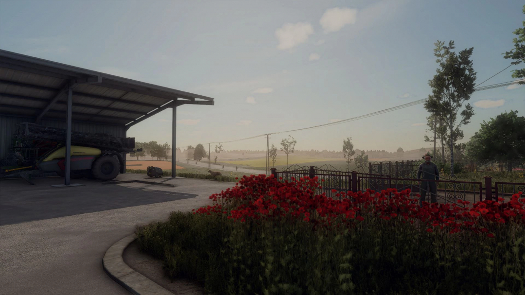 A picturesque farm scene in FS25 with Shader ASPX 2 mod, showcasing red flowers, a farmer, and machinery under a shed.