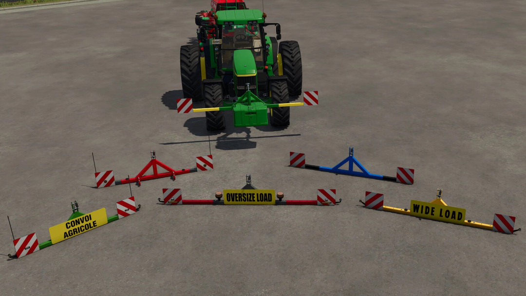 FS25 mod Signal Bar v1.0.0.0 showing various signal bars for tractors labeled 'Convoi Agricole', 'Oversize Load', and 'Wide Load'.