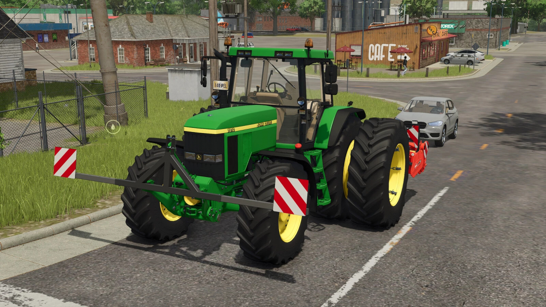 FS25 mod Signal Bar v1.0.0.0 showing a green tractor with signal bar attachment on a road in Farming Simulator 25.