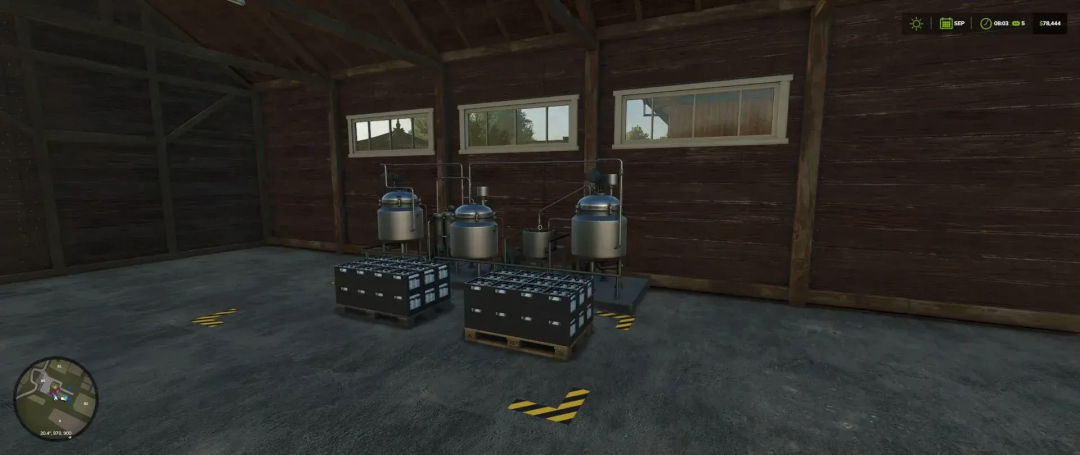 Small Dairy Building v1.0.0.0 mod in FS25 featuring dairy processing equipment inside a wooden structure.