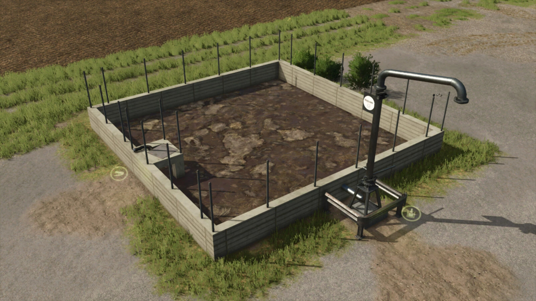 FS25 mods Square Slurry Storage v1.0.0.0 showing a large concrete pit for slurry storage in Farming Simulator 25.