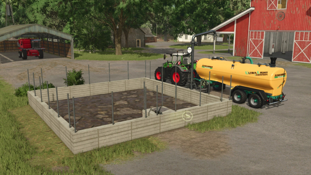 FS25 mod Square Slurry Storage v1.0.0.0 showing a concrete storage pit with a tractor and slurry tank in a farm setting.