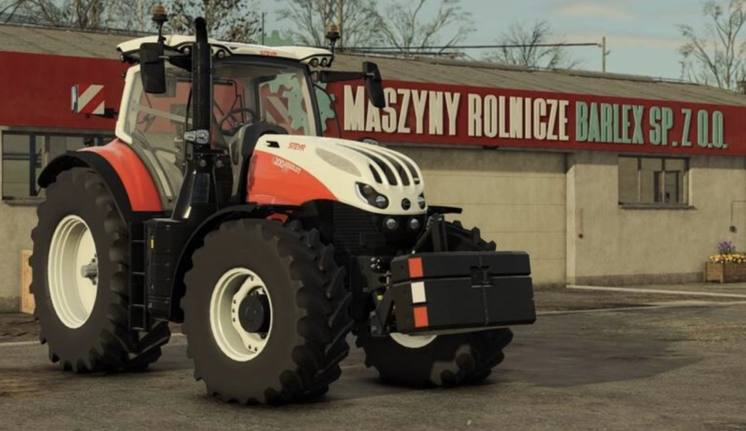 Steyr Weight Pack mod in FS25, featuring a tractor with attached weights outside a building.