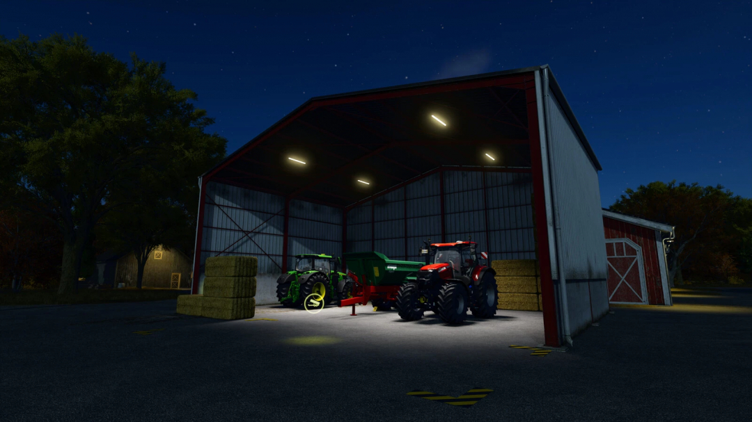 Night view of a shed with tractors and straw bales, showcasing Straw Storage mod in FS25.