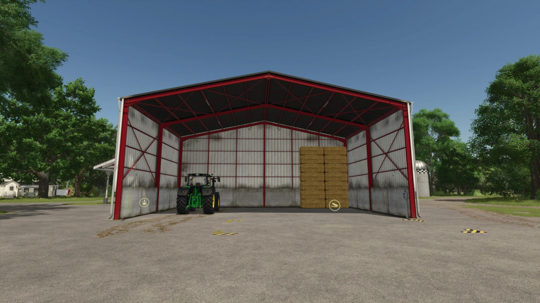 FS25 Straw Storage mod v1.0.0.0 showing open shed with tractor and stacked hay bales.