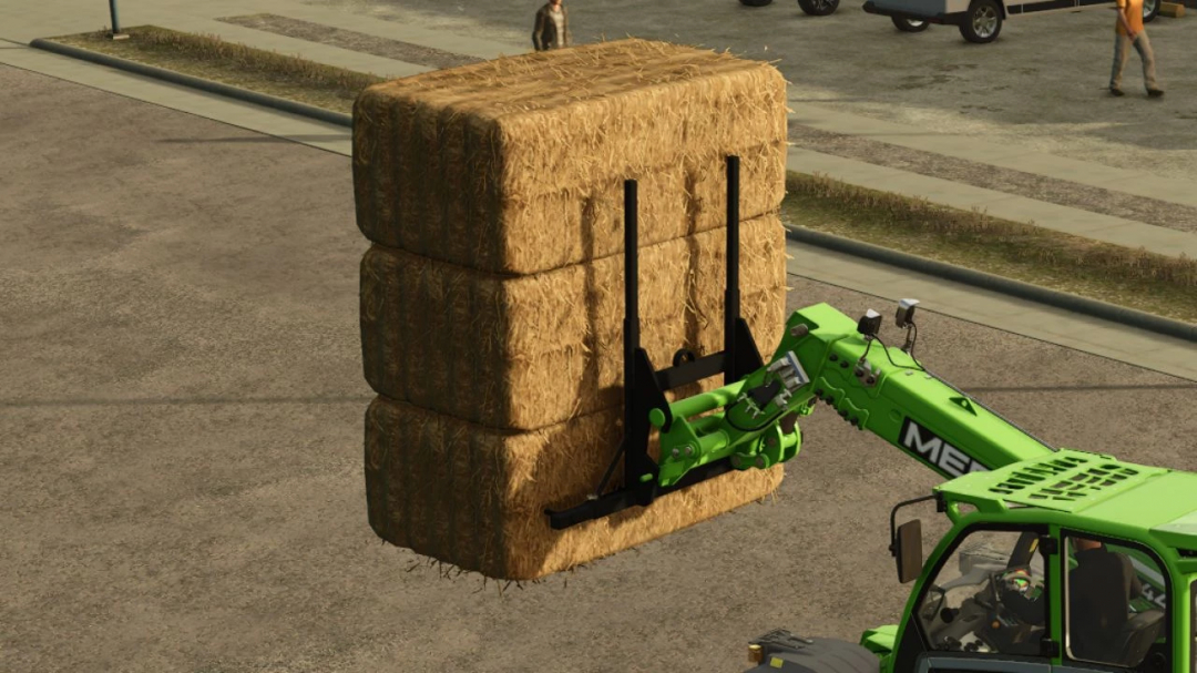 FS25 mod Straw fork v1.0.0.1 lifting hay bales with a telehandler.