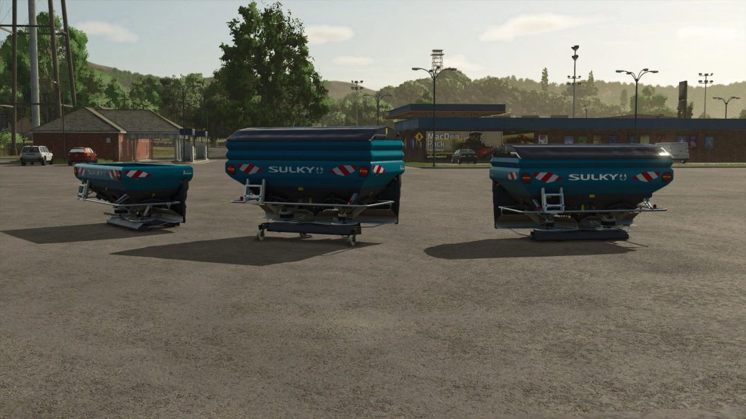 Sulky X50 Econov spreaders in FS25 mod, displayed in a parking lot.