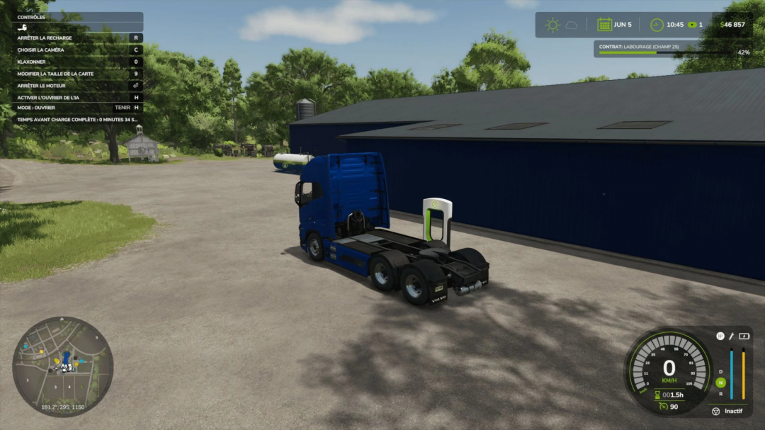 FS25 mod showing a blue truck next to a Super Charger Station v1.0.0.0 on a farmyard.