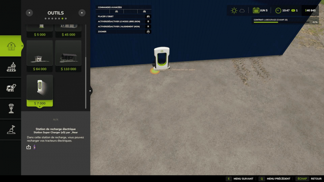 FS25 mod image showing Super Charger Station x5, a tool for charging electric tractors, priced at $7,000 in Farming Simulator 25.