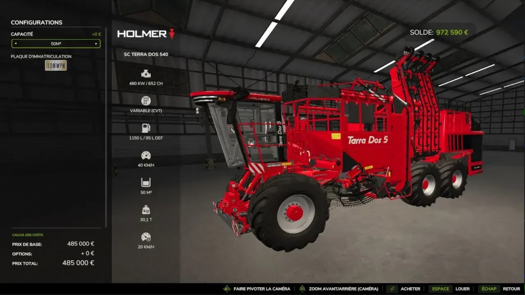 FS25 mod Terra Dos Pack Multifruits v1.0.0.0 showcasing the red Terra Dos 5 harvester in a garage setting.