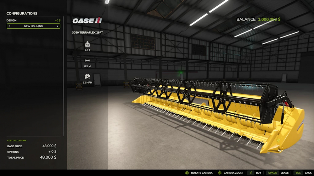 FS25 mod Terra Flex Pack 1.0.0.0 showcasing Case IH 3050 Terraflex 28FT header in a virtual shop environment.