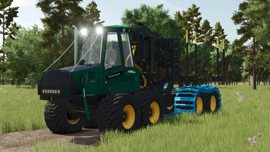 FS25 mods: Green Timberjack 1410D vehicle in Farming Simulator 25 forest setting.