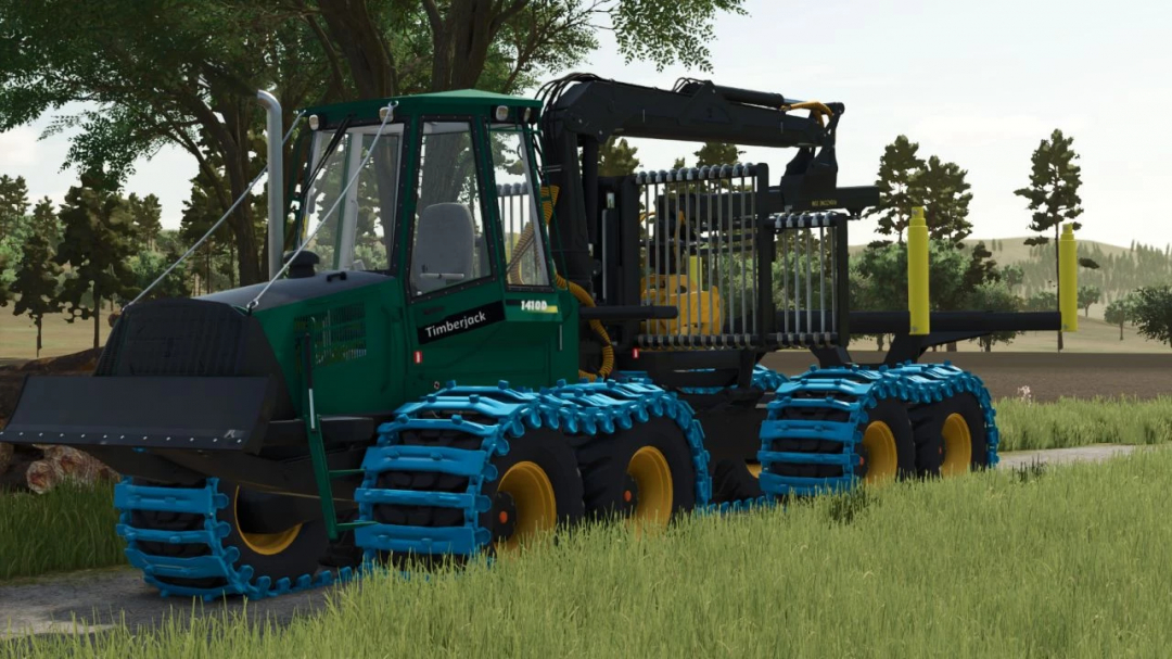 Timerjack 1410D v1.0.0.0 mod in FS25, a logging forwarder with blue tires in a forest setting.