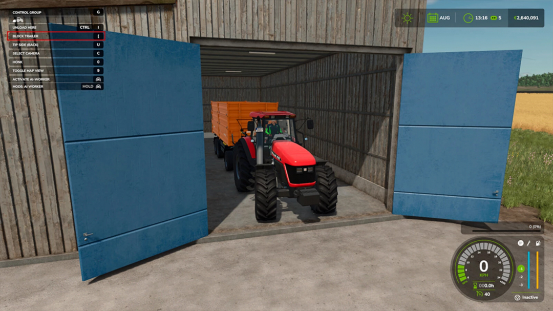 FS25 mod Trailer Axle Blocker in use, tractor with trailer parked in a barn.